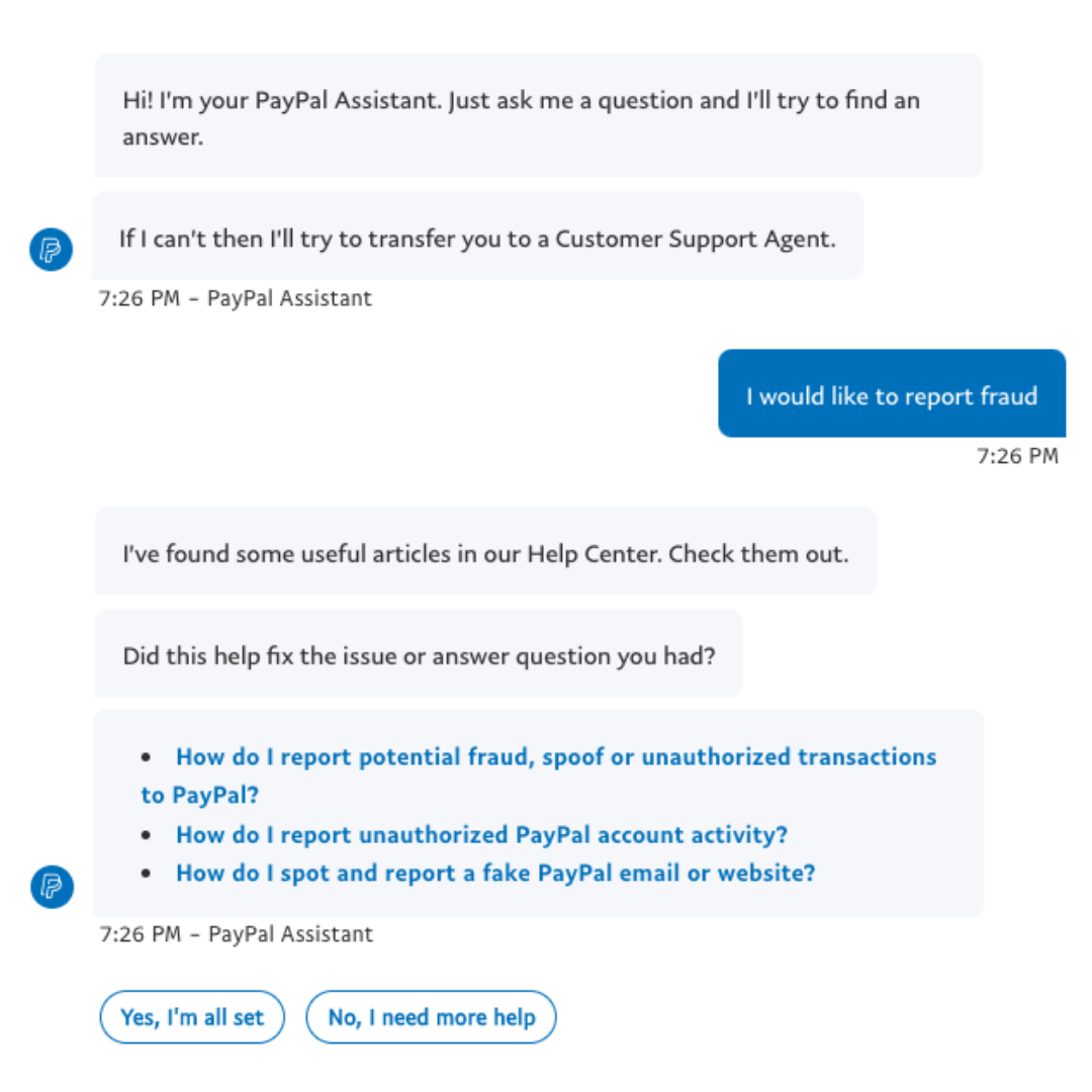 Hình 6: Một đoạn đối thoại giữa hệ thống hỗ trợ khách hàng tự động của PayPal và người dùng.