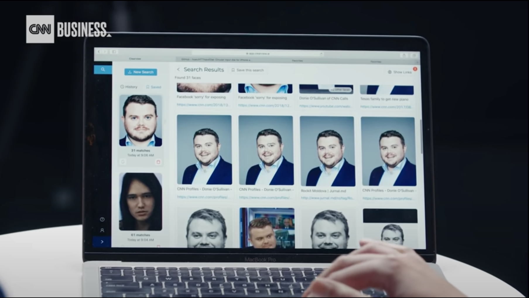 Hình 2: Công cụ tìm kiếm dựa trên nhận dạng khuôn mặt của Clearview AI. Nguồn: CNN