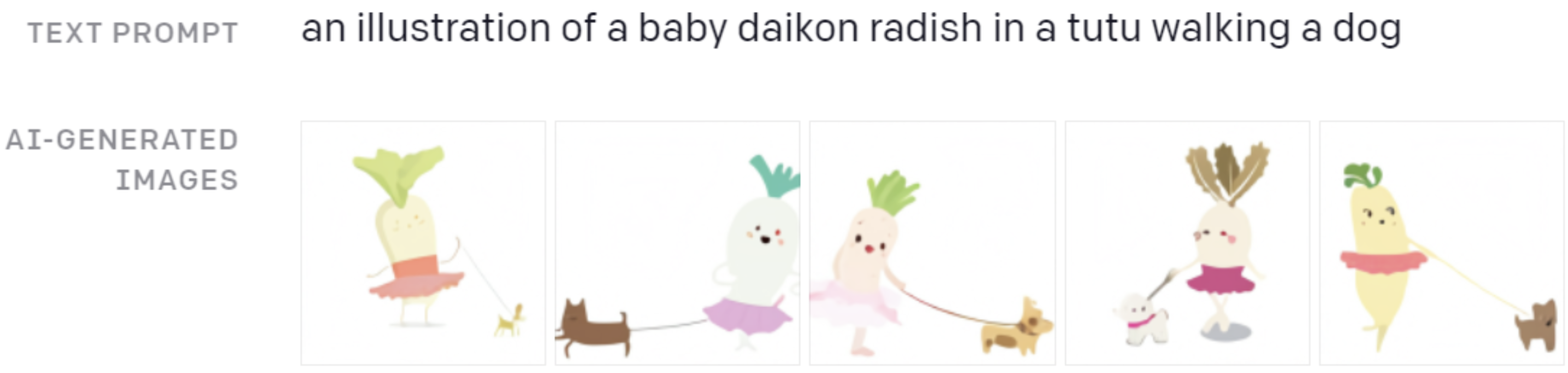 Hình 1: minh họa của một bé củ cải daikon trong bộ váy tutu đang dắt chó đi dạo